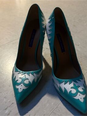 Ralph Lauren Teal and White Pointed-Toe Cutout Heels